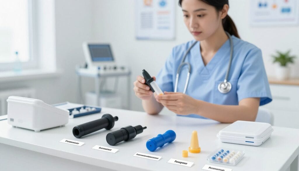 A bright, well-lit clinical setting showcasing a table with various medical devices recommended for erectile dysfunction. In the foreground, detailed close-ups of devices such as a vacuum erection device, penile implants, and intraurethral suppositories, arranged neatly with labels indicating their functions. In the middle ground, a healthcare professional dressed in smart, professional attire is examining one of the devices, looking attentive and knowledgeable. The background features a clean, modern clinic with medical charts on the walls and a soft-focus view of additional equipment. The lighting is bright and clinical, creating a mood of professionalism and trust, emphasizing the importance of making informed healthcare choices. A bright, well-lit clinical setting showcasing a table with various medical devices recommended for erectile dysfunction. In the foreground, detailed close-ups of devices such as a vacuum erection device, penile implants, and intraurethral suppositories, arranged neatly with labels indicating their functions. In the middle ground, a healthcare professional dressed in smart, professional attire is examining one of the devices, looking attentive and knowledgeable. The background features a clean, modern clinic with medical charts on the walls and a soft-focus view of additional equipment. The lighting is bright and clinical, creating a mood of professionalism and trust, emphasizing the importance of making informed healthcare choices.