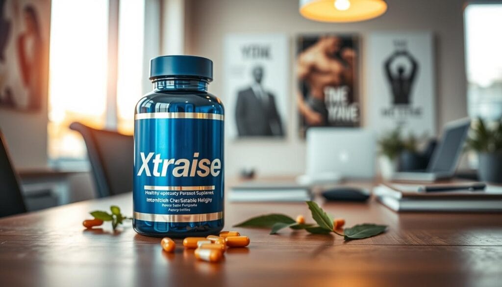 A clean, professional setting showcasing a bottle of "Xtrasize" supplements prominently placed on a wooden office desk. In the foreground, the focus is on the sleek blue and silver packaging of the supplement, reflecting a sense of quality and efficacy. In the middle ground, softly blurred, there are a few scattered natural ingredients hinting at the product's formulation, such as herbal leaves and capsules. The background features a softly lit, modern office environment with subtle motivational posters, creating an atmosphere of health and wellness. Use warm, inviting lighting to enhance the scene, mimicking a late afternoon sun with a slight bokeh effect. The composition should convey trust and professionalism, emphasizing the product’s role in personal health. A clean, professional setting showcasing a bottle of "Xtrasize" supplements prominently placed on a wooden office desk. In the foreground, the focus is on the sleek blue and silver packaging of the supplement, reflecting a sense of quality and efficacy. In the middle ground, softly blurred, there are a few scattered natural ingredients hinting at the product's formulation, such as herbal leaves and capsules. The background features a softly lit, modern office environment with subtle motivational posters, creating an atmosphere of health and wellness. Use warm, inviting lighting to enhance the scene, mimicking a late afternoon sun with a slight bokeh effect. The composition should convey trust and professionalism, emphasizing the product’s role in personal health.