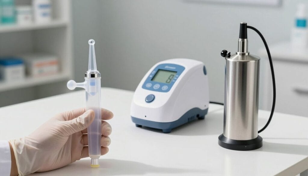 A clean, well-lit medical examination room featuring three distinct types of penile pumps: a manual pump made of clear plastic with a hand-grip, an electric pump with a sleek design and a digital display, and a hydraulic pump with a sturdy, metallic finish. In the foreground, showcase the manual pump being held by a gloved hand, emphasizing its usability. The middle section should highlight the electric pump on a white countertop, illuminated by natural light, with the hydraulic pump positioned next to it. The background includes faint shelving stocked with medical supplies, creating a clinical yet informative atmosphere. Focus on clarity and detail, with soft shadows and a neutral color palette to maintain a professional mood. A clean, well-lit medical examination room featuring three distinct types of penile pumps: a manual pump made of clear plastic with a hand-grip, an electric pump with a sleek design and a digital display, and a hydraulic pump with a sturdy, metallic finish. In the foreground, showcase the manual pump being held by a gloved hand, emphasizing its usability. The middle section should highlight the electric pump on a white countertop, illuminated by natural light, with the hydraulic pump positioned next to it. The background includes faint shelving stocked with medical supplies, creating a clinical yet informative atmosphere. Focus on clarity and detail, with soft shadows and a neutral color palette to maintain a professional mood.