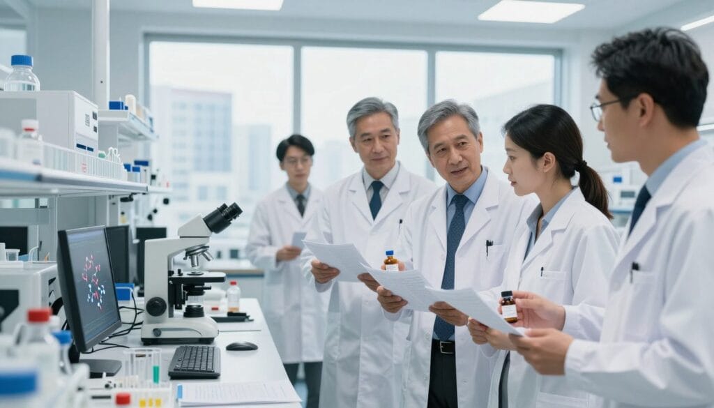 A clinical research setting featuring a modern laboratory with scientists working on new erectile dysfunction medications. In the foreground, a diverse group of professionals in lab coats and business attire are discussing results, holding vials and data sheets. The middle ground includes high-tech equipment such as microscopes, test tubes, and computer screens displaying molecular structures. In the background, a large window reveals a bright, clean cityscape, indicating innovation and progress. The lighting is bright and sterile, highlighting the professionalism of the environment. The overall atmosphere is one of hope and advancement, reflecting cutting-edge medical research. A clinical research setting featuring a modern laboratory with scientists working on new erectile dysfunction medications. In the foreground, a diverse group of professionals in lab coats and business attire are discussing results, holding vials and data sheets. The middle ground includes high-tech equipment such as microscopes, test tubes, and computer screens displaying molecular structures. In the background, a large window reveals a bright, clean cityscape, indicating innovation and progress. The lighting is bright and sterile, highlighting the professionalism of the environment. The overall atmosphere is one of hope and advancement, reflecting cutting-edge medical research.