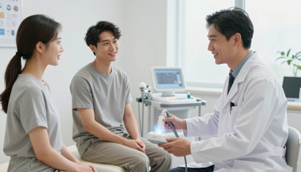 A clinical setting featuring a medical professional and a patient engaged in a consultation about shockwave therapy for erectile dysfunction. In the foreground, a doctor dressed in a white lab coat, with a friendly expression, is demonstrating the treatment device, which emits soft, pulsing waves of light. The patient, in modest casual clothing, appears attentive and hopeful. The middle ground shows a sleek, modern treatment room with medical equipment and charts on the walls. In the background, soft, natural light filters through large windows, creating a calm and reassuring atmosphere. The overall mood is professional, yet supportive, emphasizing the innovative and non-invasive nature of the therapy. The image captures a moment of optimism and healing in a healthcare context. A clinical setting featuring a medical professional and a patient engaged in a consultation about shockwave therapy for erectile dysfunction. In the foreground, a doctor dressed in a white lab coat, with a friendly expression, is demonstrating the treatment device, which emits soft, pulsing waves of light. The patient, in modest casual clothing, appears attentive and hopeful. The middle ground shows a sleek, modern treatment room with medical equipment and charts on the walls. In the background, soft, natural light filters through large windows, creating a calm and reassuring atmosphere. The overall mood is professional, yet supportive, emphasizing the innovative and non-invasive nature of the therapy. The image captures a moment of optimism and healing in a healthcare context.