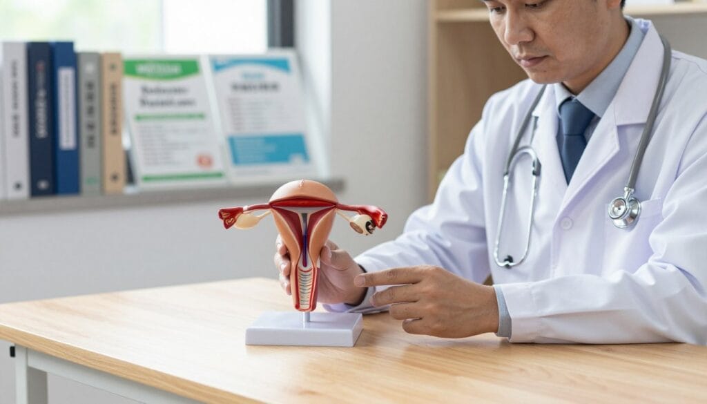 A clinical setting with a focus on a wooden examination table, symbolic of medical examination. On the table, there's a simple anatomical model of a male reproductive system that illustrates its structure safely. The foreground features a doctor in a white lab coat with a stethoscope, examining the model with a thoughtful expression. In the background, soft natural lighting filters through a window, illuminating a shelf lined with medical textbooks and health pamphlets, promoting a sense of professional integrity. The overall mood conveys seriousness and responsibility, emphasizing the importance of medical supervision in health discussions. The image should be clear and well-composed, portraying a professional yet approachable atmosphere that invites contemplation. A clinical setting with a focus on a wooden examination table, symbolic of medical examination. On the table, there's a simple anatomical model of a male reproductive system that illustrates its structure safely. The foreground features a doctor in a white lab coat with a stethoscope, examining the model with a thoughtful expression. In the background, soft natural lighting filters through a window, illuminating a shelf lined with medical textbooks and health pamphlets, promoting a sense of professional integrity. The overall mood conveys seriousness and responsibility, emphasizing the importance of medical supervision in health discussions. The image should be clear and well-composed, portraying a professional yet approachable atmosphere that invites contemplation.