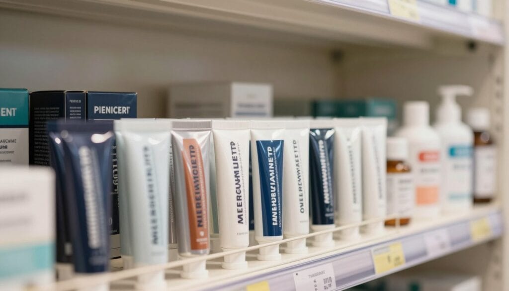A close-up shot of a shelf displaying various high-quality masculine enhancement gels, neatly arranged with an emphasis on their clearly labeled brands. The foreground features several gel tubes with modern, professional packaging design. The middle ground includes a soft-focus backdrop of a pharmacy setting, showcasing a clean and organized environment. Warm, natural lighting illuminates the scene, creating an inviting atmosphere. The angle is slightly tilted to give depth, highlighting the textures of the packaging while maintaining a sharp focus on the products. The image conveys a sense of trust and professionalism, emphasizing the importance of brand provenance in the male enhancement market. A close-up shot of a shelf displaying various high-quality masculine enhancement gels, neatly arranged with an emphasis on their clearly labeled brands. The foreground features several gel tubes with modern, professional packaging design. The middle ground includes a soft-focus backdrop of a pharmacy setting, showcasing a clean and organized environment. Warm, natural lighting illuminates the scene, creating an inviting atmosphere. The angle is slightly tilted to give depth, highlighting the textures of the packaging while maintaining a sharp focus on the products. The image conveys a sense of trust and professionalism, emphasizing the importance of brand provenance in the male enhancement market.