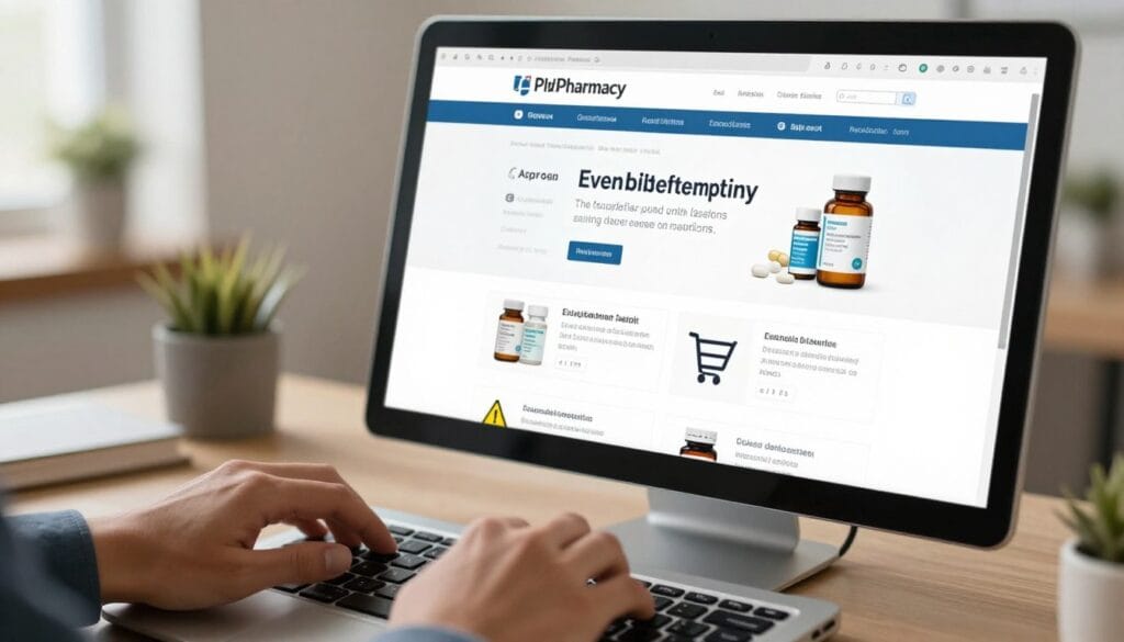 A close-up view of a computer screen displaying an online pharmacy webpage, showcasing various medications for erectile dysfunction in a safe and professional manner. In the foreground, a pair of hands in modest business attire is typing on the keyboard, highlighting the act of online purchasing. The middle ground features the screen with clear medication images, a shopping cart icon, and subtle warning symbols that suggest caution when buying online. The background shows a well-organized home office atmosphere, with soft lighting creating a warm, trustworthy environment. The mood is serious yet informative, emphasizing the importance of safety and reliability in online medication purchases. The image should be well-composed, with a focus on clarity and professionalism, capturing a moment of thoughtful online shopping. A close-up view of a computer screen displaying an online pharmacy webpage, showcasing various medications for erectile dysfunction in a safe and professional manner. In the foreground, a pair of hands in modest business attire is typing on the keyboard, highlighting the act of online purchasing. The middle ground features the screen with clear medication images, a shopping cart icon, and subtle warning symbols that suggest caution when buying online. The background shows a well-organized home office atmosphere, with soft lighting creating a warm, trustworthy environment. The mood is serious yet informative, emphasizing the importance of safety and reliability in online medication purchases. The image should be well-composed, with a focus on clarity and professionalism, capturing a moment of thoughtful online shopping.