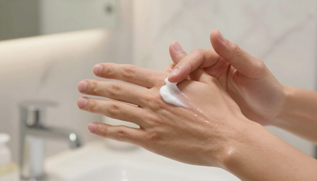 A close-up view of a well-groomed male hand applying a moisturizing cream onto smooth, healthy skin. The skin's surface is luminous, with a subtle glow that highlights its hydration and softness. The hand is positioned in a professional setting, with a luxurious bathroom background featuring elegant marble textures and soft, natural lighting. A soft-focus lens effect brings attention to the hand and cream, while the background fades gently, creating a serene atmosphere. The overall mood is calm and soothing, emphasizing the importance of skincare and hydration for enhancing skin quality. The image should be safe for work and devoid of any captions or identifying marks. A close-up view of a well-groomed male hand applying a moisturizing cream onto smooth, healthy skin. The skin's surface is luminous, with a subtle glow that highlights its hydration and softness. The hand is positioned in a professional setting, with a luxurious bathroom background featuring elegant marble textures and soft, natural lighting. A soft-focus lens effect brings attention to the hand and cream, while the background fades gently, creating a serene atmosphere. The overall mood is calm and soothing, emphasizing the importance of skincare and hydration for enhancing skin quality. The image should be safe for work and devoid of any captions or identifying marks.