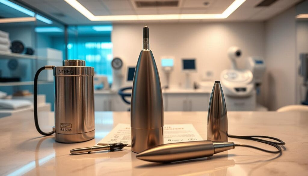 A composition showcasing male enhancement devices in a clinical setting. In the foreground, display a sleek vacuum pump and a modern penile extender, both designed with metallic and high-quality materials. The middle ground features a detailed, sterile countertop with medical instruments and an informational pamphlet about the devices. In the background, softly illuminated medical equipment and a clean, professional clinic ambiance can be observed, conveying a focused and informative mood. Use warm lighting to create a welcoming atmosphere, simulating a consultation room. A slight overhead angle should be used to capture the entire setup, promoting a sense of professionalism and trust. The overall aesthetic should feel clean, informative, and scientifically reliable, suitable for an educational article.