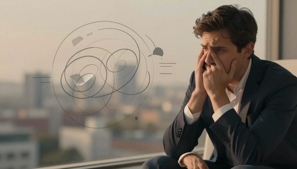 A conceptual illustration depicting the relationship between anxiety and erectile function. In the foreground, a male figure dressed in smart casual attire is shown in a thoughtful pose, with a look of concern on his face. The middle layer incorporates abstract representations of anxiety, such as swirling lines or fragmented shapes symbolizing stress and pressure. In the background, a softly blurred urban landscape is visible, conveying a sense of everyday life. The lighting is warm yet slightly subdued, evoking a contemplative mood. The angle should be a slightly elevated perspective, focusing on the figure with an emphasis on expression and body language. The overall atmosphere should convey the internal struggle between anxiety and the desire for intimacy, illustrating the psychological and physiological aspects of the topic. A conceptual illustration depicting the relationship between anxiety and erectile function. In the foreground, a male figure dressed in smart casual attire is shown in a thoughtful pose, with a look of concern on his face. The middle layer incorporates abstract representations of anxiety, such as swirling lines or fragmented shapes symbolizing stress and pressure. In the background, a softly blurred urban landscape is visible, conveying a sense of everyday life. The lighting is warm yet slightly subdued, evoking a contemplative mood. The angle should be a slightly elevated perspective, focusing on the figure with an emphasis on expression and body language. The overall atmosphere should convey the internal struggle between anxiety and the desire for intimacy, illustrating the psychological and physiological aspects of the topic.