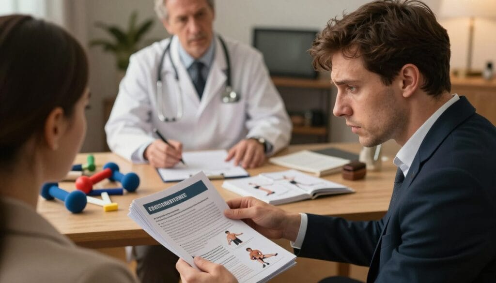 A conceptual illustration showing the potential health risks associated with unprofessional methods of penis enlargement at home. In the foreground, a concerned individual, dressed in professional business attire, is examining a stack of misleading pamphlets on exercise methods, illustrating confusion and caution. The middle ground features a cluttered table with various fitness tools and diagrams, representing various exercises, while a concerned healthcare professional in a lab coat is seen in the background, discussing the risks with another individual. Soft, focused lighting highlights the individual's expressions, while a warm, safe atmosphere envelops the scene. Use a shallow depth of field to enhance focus on the characters, creating an intimate yet serious mood around the subject of health risks.