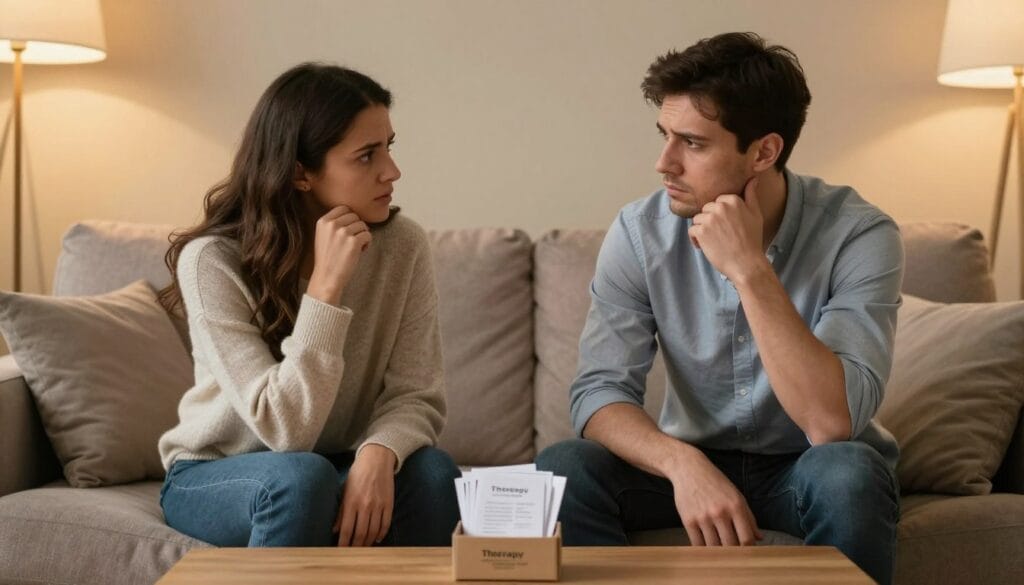 A couple in a comfortable, softly lit living room, sitting on a plush sofa, facing each other with concerned expressions. The woman, dressed in a casual yet modest sweater, looks empathetic while the man, in a fitted shirt, appears introspective, reflecting a mix of vulnerability and anxiety. Between them, a coffee table holds a box of therapy pamphlets, symbolizing their struggle with intimacy and premature ejaculation. The background features warm-toned walls and gentle lighting, creating an inviting yet serious atmosphere. The scene captures a moment of open communication, emphasizing the emotional impact of their challenges on their relationship. The overall mood is thoughtful and reflective, conveying sensitivity and the importance of understanding in a romantic partnership. A couple in a comfortable, softly lit living room, sitting on a plush sofa, facing each other with concerned expressions. The woman, dressed in a casual yet modest sweater, looks empathetic while the man, in a fitted shirt, appears introspective, reflecting a mix of vulnerability and anxiety. Between them, a coffee table holds a box of therapy pamphlets, symbolizing their struggle with intimacy and premature ejaculation. The background features warm-toned walls and gentle lighting, creating an inviting yet serious atmosphere. The scene captures a moment of open communication, emphasizing the emotional impact of their challenges on their relationship. The overall mood is thoughtful and reflective, conveying sensitivity and the importance of understanding in a romantic partnership.