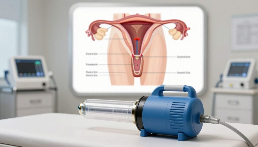 A detailed and informative illustration showcasing a vacuum pump mechanism used for penile elongation treatments in a clinical setting. In the foreground, feature a high-resolution, realistic depiction of a professional-grade vacuum pump designed for medical use, highlighting its key components like the cylinder and control unit. In the middle ground, include an anatomical diagram of the male reproductive system, emphasizing the areas affected by the procedure, rendered with clarity and precision. The background should feature a modern medical office with neutral tones, clear lighting to convey cleanliness and professionalism, and subtle medical equipment to reinforce the clinical atmosphere. The image should evoke a sense of seriousness and scientific inquiry, suitable for an educational context. A detailed and informative illustration showcasing a vacuum pump mechanism used for penile elongation treatments in a clinical setting. In the foreground, feature a high-resolution, realistic depiction of a professional-grade vacuum pump designed for medical use, highlighting its key components like the cylinder and control unit. In the middle ground, include an anatomical diagram of the male reproductive system, emphasizing the areas affected by the procedure, rendered with clarity and precision. The background should feature a modern medical office with neutral tones, clear lighting to convey cleanliness and professionalism, and subtle medical equipment to reinforce the clinical atmosphere. The image should evoke a sense of seriousness and scientific inquiry, suitable for an educational context.