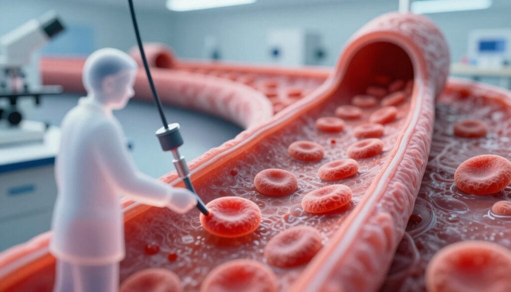 A detailed, close-up illustration of circulating blood in a vacuum environment, showcasing the complex dynamics of blood flow. In the foreground, a translucent figure wearing a modest, professional outfit is depicted using a traction device, focusing on the interaction between the device and the blood flow representation. The middle ground emphasizes a three-dimensional blood vessel system, intricately detailed with realistic textures and colors, demonstrating the constant motion of blood cells. The background features a softly illuminated laboratory setting, highlighting scientific instruments and soft lighting to create a clinical atmosphere. The overall mood is educational and informative, with a bright clarity that invites curiosity. A macro lens effect enhances the fine details of blood circulation, ensuring a scientific yet approachable feel. A detailed, close-up illustration of circulating blood in a vacuum environment, showcasing the complex dynamics of blood flow. In the foreground, a translucent figure wearing a modest, professional outfit is depicted using a traction device, focusing on the interaction between the device and the blood flow representation. The middle ground emphasizes a three-dimensional blood vessel system, intricately detailed with realistic textures and colors, demonstrating the constant motion of blood cells. The background features a softly illuminated laboratory setting, highlighting scientific instruments and soft lighting to create a clinical atmosphere. The overall mood is educational and informative, with a bright clarity that invites curiosity. A macro lens effect enhances the fine details of blood circulation, ensuring a scientific yet approachable feel.