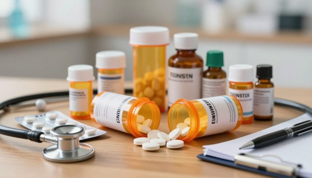 A detailed close-up of prescription medications arranged on a wooden table, showcasing various pill bottles and blister packs. The foreground features an open bottle with pills spilling out, surrounded by a stethoscope and a notepad with a pen, suggesting a medical context. The middle ground displays additional medication bottles in different shapes and sizes, emphasizing variety. In the background, a blurred medical office environment with soft, warm lighting creates a sense of professionalism and trustworthiness. The composition should evoke a serious and informative mood, illustrating the significance of recognizing authentic medications, with focus on clarity and detail to avoid ambiguity. A detailed close-up of prescription medications arranged on a wooden table, showcasing various pill bottles and blister packs. The foreground features an open bottle with pills spilling out, surrounded by a stethoscope and a notepad with a pen, suggesting a medical context. The middle ground displays additional medication bottles in different shapes and sizes, emphasizing variety. In the background, a blurred medical office environment with soft, warm lighting creates a sense of professionalism and trustworthiness. The composition should evoke a serious and informative mood, illustrating the significance of recognizing authentic medications, with focus on clarity and detail to avoid ambiguity.