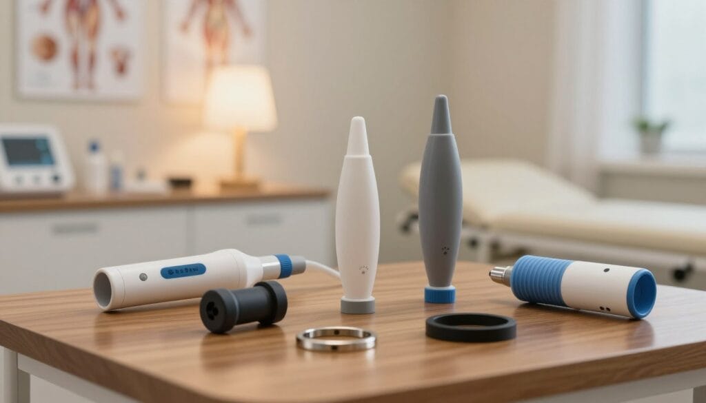 A detailed composition showcasing various mechanical devices used for the treatment of erectile dysfunction. In the foreground, prominently feature a selection of advanced vacuum erection devices, penile implants, and constriction rings on a polished wooden table. The middle ground should display a softly lit medical consultation room with anatomical charts and medical instruments subtly in view. In the background, a serene environment with neutral colors creates a calming atmosphere, indicative of a professional healthcare setting. Use soft, warm lighting to evoke a sense of trust and professionalism, with a shallow depth of field to focus on the devices. The overall mood should be informative and respectful, capturing the essence of medical innovation in a sensitive context. A detailed composition showcasing various mechanical devices used for the treatment of erectile dysfunction. In the foreground, prominently feature a selection of advanced vacuum erection devices, penile implants, and constriction rings on a polished wooden table. The middle ground should display a softly lit medical consultation room with anatomical charts and medical instruments subtly in view. In the background, a serene environment with neutral colors creates a calming atmosphere, indicative of a professional healthcare setting. Use soft, warm lighting to evoke a sense of trust and professionalism, with a shallow depth of field to focus on the devices. The overall mood should be informative and respectful, capturing the essence of medical innovation in a sensitive context.