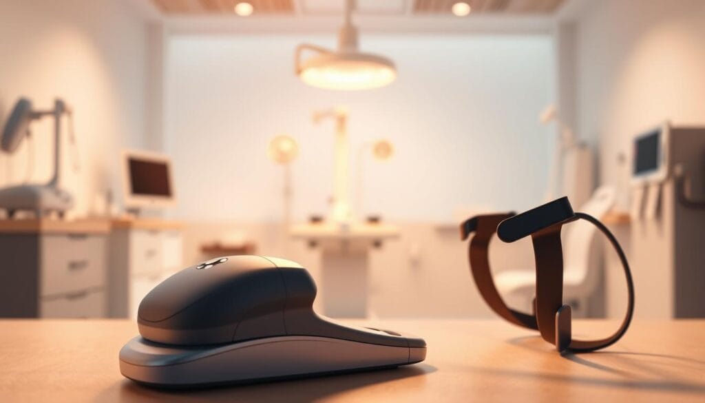 A detailed illustration of a non-invasive penile traction device, prominently displayed in the foreground, showcasing its ergonomic design and functionality. The device should have adjustable straps and a sleek, modern aesthetic, emphasizing comfort. In the middle ground, include a softly lit clinic environment, with a subtle focus on medical equipment in the background to enhance the professional atmosphere. Use warm, inviting lighting to create a sense of safety and assurance. The image should be captured from a slightly angled top-down perspective, drawing attention to the device while maintaining a polished and clinical look. The overall mood should convey professionalism, innovation, and efficacy, suitable for an educational context.