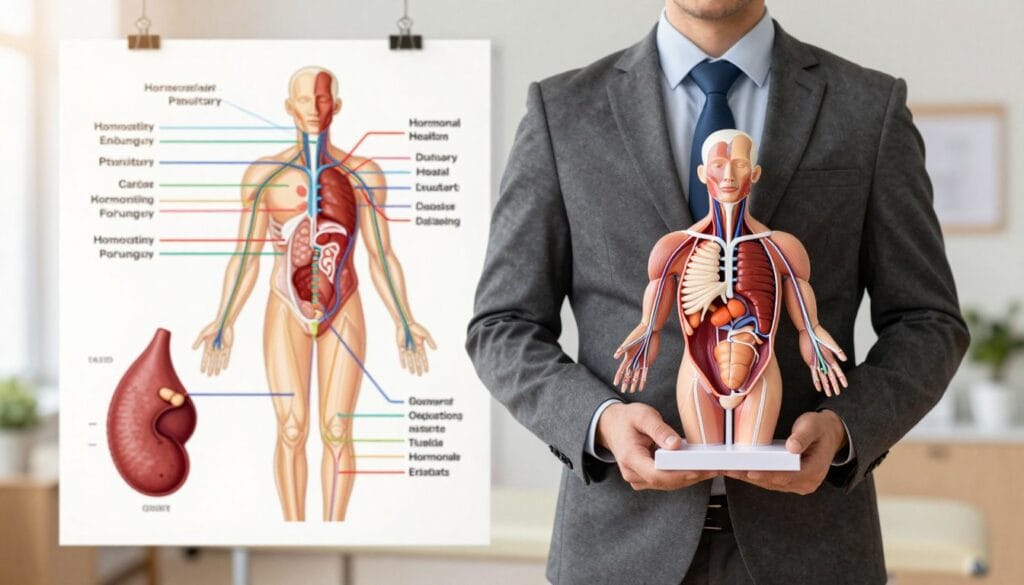 A detailed illustration of male anatomy focusing on the hormonal aspects of health. In the foreground, a professional male figure, dressed in a fitted business suit, stands confidently, holding a model of the male endocrine system. The middle ground features anatomical diagrams, highlighting key glands like the pituitary and testis with labels, all interconnected by vibrant lines representing hormonal pathways. The background shows a calming medical office or study environment, softly lit with warm light, conveying a sense of professionalism and knowledge. The overall mood should communicate empowerment and understanding of male health, emphasizing the importance of hormonal balance in physical development. A detailed illustration of male anatomy focusing on the hormonal aspects of health. In the foreground, a professional male figure, dressed in a fitted business suit, stands confidently, holding a model of the male endocrine system. The middle ground features anatomical diagrams, highlighting key glands like the pituitary and testis with labels, all interconnected by vibrant lines representing hormonal pathways. The background shows a calming medical office or study environment, softly lit with warm light, conveying a sense of professionalism and knowledge. The overall mood should communicate empowerment and understanding of male health, emphasizing the importance of hormonal balance in physical development.