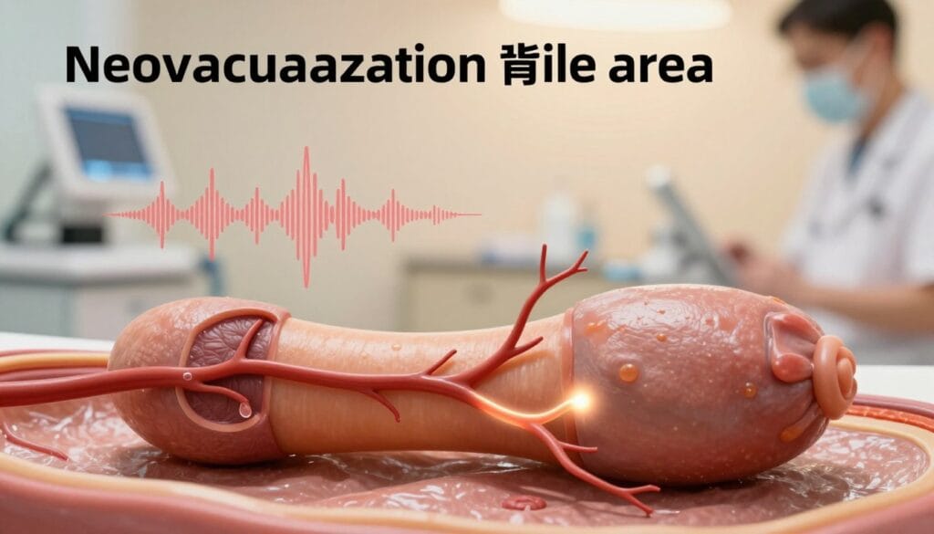 A detailed illustration of the concept of neovascularization in the penile area, focusing on the stimulation of new blood vessels. The foreground shows a stylized anatomical representation of the penis, highlighting the new vessels with glowing effects to symbolize increased blood flow. In the middle ground, include subtle diagrams or overlays that depict sound waves interacting with the tissue, emphasizing the therapeutic aspect of shockwave therapy. The background should feature a soft-focus medical setting, suggestive of a clinical environment, with warm, inviting lighting to create a professional and informative atmosphere. The overall mood should be educational and clinical, suitable for an article discussing medical therapies. The composition should use a standard camera angle that provides a clear view of the anatomical details while maintaining professionalism. A detailed illustration of the concept of neovascularization in the penile area, focusing on the stimulation of new blood vessels. The foreground shows a stylized anatomical representation of the penis, highlighting the new vessels with glowing effects to symbolize increased blood flow. In the middle ground, include subtle diagrams or overlays that depict sound waves interacting with the tissue, emphasizing the therapeutic aspect of shockwave therapy. The background should feature a soft-focus medical setting, suggestive of a clinical environment, with warm, inviting lighting to create a professional and informative atmosphere. The overall mood should be educational and clinical, suitable for an article discussing medical therapies. The composition should use a standard camera angle that provides a clear view of the anatomical details while maintaining professionalism.