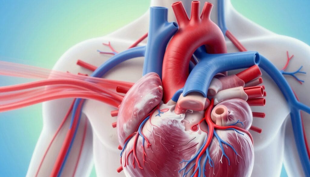A detailed illustration of the human circulatory system, focusing on the heart, arteries, and veins, showcasing healthy blood flow. In the foreground, realistic anatomical illustrations of the heart and major blood vessels, highlighted in vibrant red and blue tones to indicate oxygen-rich and oxygen-poor blood. The middle layer features flowing blood through veins and arteries, with a smooth, rhythmic motion to suggest vitality. The background displays a subtle gradient of soft blues and greens, creating a calm and professional atmosphere. The lighting is bright and clear, simulating a medical illustration feel, with soft shadows to add depth. Capture the essence of health and wellness, without any human figures or distracting elements. A detailed illustration of the human circulatory system, focusing on the heart, arteries, and veins, showcasing healthy blood flow. In the foreground, realistic anatomical illustrations of the heart and major blood vessels, highlighted in vibrant red and blue tones to indicate oxygen-rich and oxygen-poor blood. The middle layer features flowing blood through veins and arteries, with a smooth, rhythmic motion to suggest vitality. The background displays a subtle gradient of soft blues and greens, creating a calm and professional atmosphere. The lighting is bright and clear, simulating a medical illustration feel, with soft shadows to add depth. Capture the essence of health and wellness, without any human figures or distracting elements.
