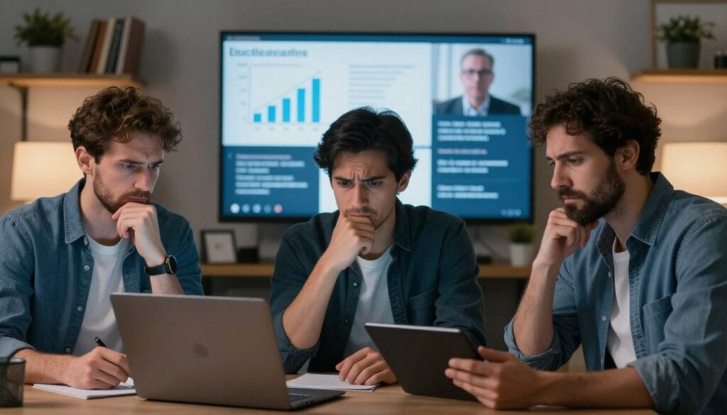A diverse group of men engaging in a thoughtful online discussion about erectile dysfunction in a virtual forum setting. The scene focuses on their expressions of concern, empathy, and respect. The foreground features three men, dressed in smart casual attire, each using a laptop or tablet, with their facial expressions reflecting a mix of seriousness and camaraderie. The middle layer includes digital screens displaying charts and supportive messages, subtly illuminated by a soft blue light to create a calm atmosphere. The background suggests a cozy home office with warm lighting, bookshelves, and plants, emphasizing a welcoming and supportive environment. The overall mood is constructive and respectful, promoting open dialogue and understanding. A diverse group of men engaging in a thoughtful online discussion about erectile dysfunction in a virtual forum setting. The scene focuses on their expressions of concern, empathy, and respect. The foreground features three men, dressed in smart casual attire, each using a laptop or tablet, with their facial expressions reflecting a mix of seriousness and camaraderie. The middle layer includes digital screens displaying charts and supportive messages, subtly illuminated by a soft blue light to create a calm atmosphere. The background suggests a cozy home office with warm lighting, bookshelves, and plants, emphasizing a welcoming and supportive environment. The overall mood is constructive and respectful, promoting open dialogue and understanding.