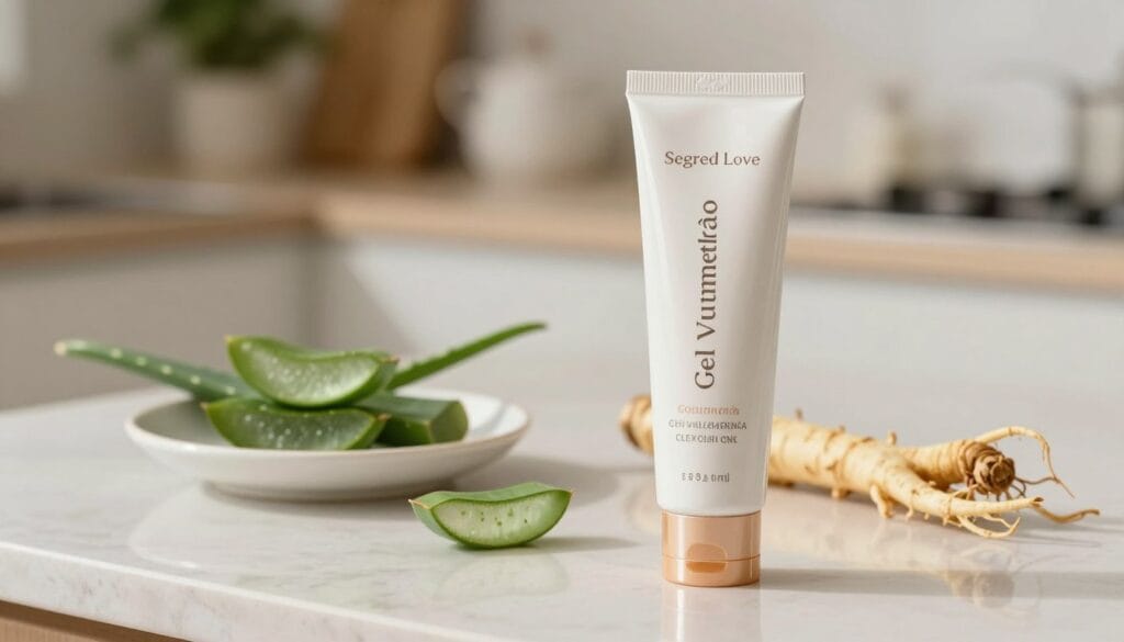 A focused and elegant depiction of the "Gel Volumetrão" from the brand Segred Love, showcased on a well-lit, clean kitchen counter. The gel should be presented in a sleek, modern tube with a glossy finish, reflecting soft light. In the foreground, place the tube prominently to draw attention, while in the middle ground, include a small dish with natural ingredients like aloe vera and ginseng, symbolizing the product's formulation. In the background, subtle hints of a calming, organized kitchen space with greenery, conveying a sense of wellness. The atmosphere should be inviting and professional, with soft, natural lighting, as if capturing a moment from a lifestyle blog. A macro lens effect can be used to create depth and focus on the product. A focused and elegant depiction of the "Gel Volumetrão" from the brand Segred Love, showcased on a well-lit, clean kitchen counter. The gel should be presented in a sleek, modern tube with a glossy finish, reflecting soft light. In the foreground, place the tube prominently to draw attention, while in the middle ground, include a small dish with natural ingredients like aloe vera and ginseng, symbolizing the product's formulation. In the background, subtle hints of a calming, organized kitchen space with greenery, conveying a sense of wellness. The atmosphere should be inviting and professional, with soft, natural lighting, as if capturing a moment from a lifestyle blog. A macro lens effect can be used to create depth and focus on the product.