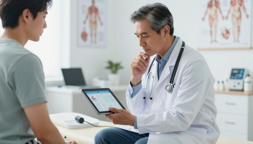 A focused medical scene featuring a doctor in professional attire, assessing a patient’s health regarding erectile dysfunction. The doctor, a middle-aged Caucasian man, is depicted with a thoughtful expression, examining a digital tablet showing important health data. The patient, a man in modest casual clothing, appears attentive while seated on an examination table. In the background, a well-lit medical office is visible, with anatomical posters and medical equipment, contributing to a sterile, clinical atmosphere. The lighting is bright yet soft, creating an inviting mood. The angle captures both the doctor’s concentration and the patient’s engagement, emphasizing the evaluation of treatment options like vacuum pumps and penile implants while maintaining professionalism and sensitivity to the topic. The image should convey a sense of trust and care in the medical field. A focused medical scene featuring a doctor in professional attire, assessing a patient’s health regarding erectile dysfunction. The doctor, a middle-aged Caucasian man, is depicted with a thoughtful expression, examining a digital tablet showing important health data. The patient, a man in modest casual clothing, appears attentive while seated on an examination table. In the background, a well-lit medical office is visible, with anatomical posters and medical equipment, contributing to a sterile, clinical atmosphere. The lighting is bright yet soft, creating an inviting mood. The angle captures both the doctor’s concentration and the patient’s engagement, emphasizing the evaluation of treatment options like vacuum pumps and penile implants while maintaining professionalism and sensitivity to the topic. The image should convey a sense of trust and care in the medical field.