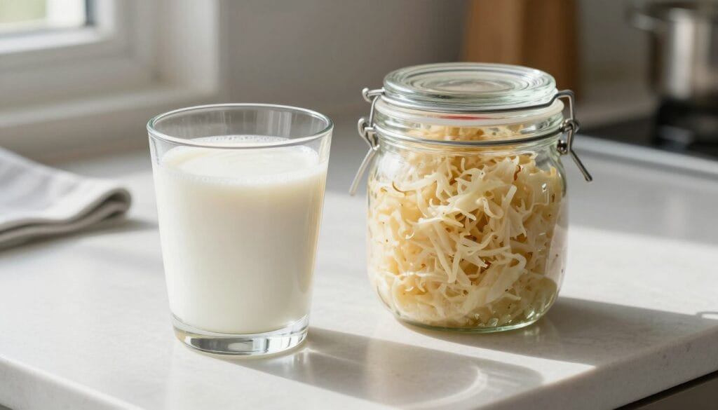 A glass of fresh kefir and a jar of sauerkraut on a clean kitchen counter. A glass of fresh kefir and a jar of sauerkraut on a clean kitchen counter.