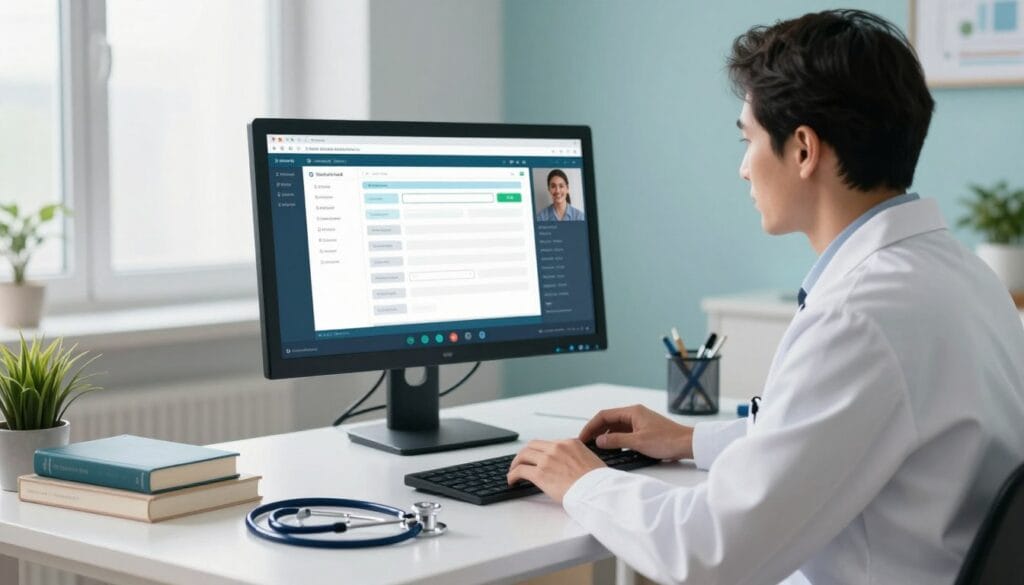 A healthcare professional in a well-lit, modern telemedicine setup, seated at a sleek desk with a computer and medical tools. The foreground features the professional, dressed in a crisp white lab coat and smart business attire, focusing intently on the screen. In the middle, a large monitor displays a digital consultation interface, showcasing a chart and patient data while a friendly patient figure on the screen appears engaged. The background has calming colors and soft light from a window, suggesting a serene atmosphere. Incorporate elements like a stethoscope, medical books, and a plant to enhance the medical context. The mood is professional yet approachable, capturing the essence of online medical evaluations. A healthcare professional in a well-lit, modern telemedicine setup, seated at a sleek desk with a computer and medical tools. The foreground features the professional, dressed in a crisp white lab coat and smart business attire, focusing intently on the screen. In the middle, a large monitor displays a digital consultation interface, showcasing a chart and patient data while a friendly patient figure on the screen appears engaged. The background has calming colors and soft light from a window, suggesting a serene atmosphere. Incorporate elements like a stethoscope, medical books, and a plant to enhance the medical context. The mood is professional yet approachable, capturing the essence of online medical evaluations.