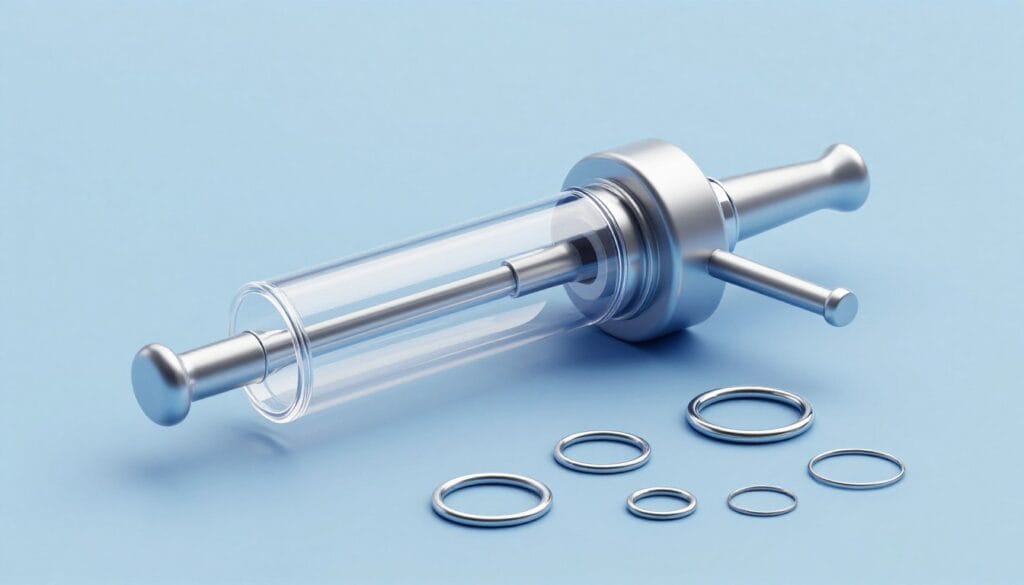 A high-quality 3D render of a medical vacuum erection device kit, including a clear acrylic cylinder, a manual pump handle, and various sizes of tension rings on a soft blue background. A high-quality 3D render of a medical vacuum erection device kit, including a clear acrylic cylinder, a manual pump handle, and various sizes of tension rings on a soft blue background.