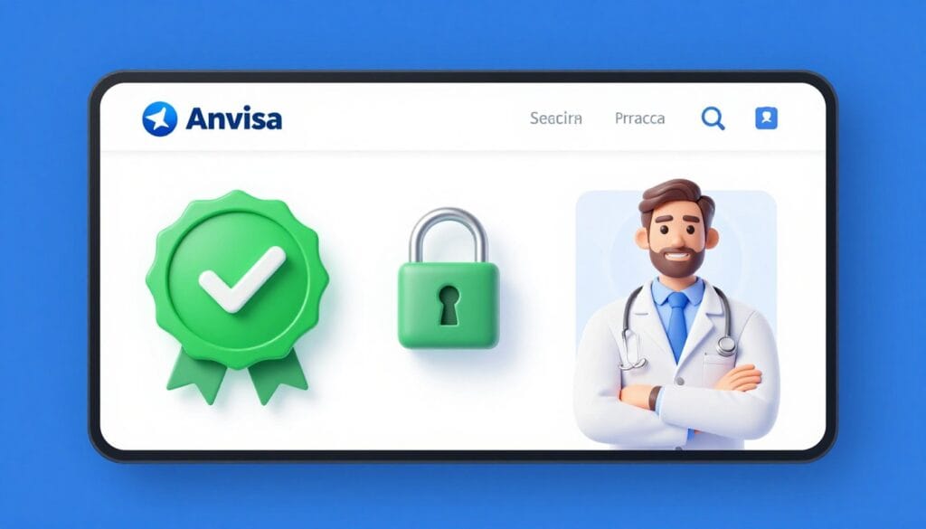 A high-quality 3D render of a secure Brazilian online pharmacy website interface, showing a green verified seal from Anvisa, a lock icon for security, and a professional pharmacist avatar, clean and trustworthy design, white and blue colors. A high-quality 3D render of a secure Brazilian online pharmacy website interface, showing a green verified seal from Anvisa, a lock icon for security, and a professional pharmacist avatar, clean and trustworthy design, white and blue colors.