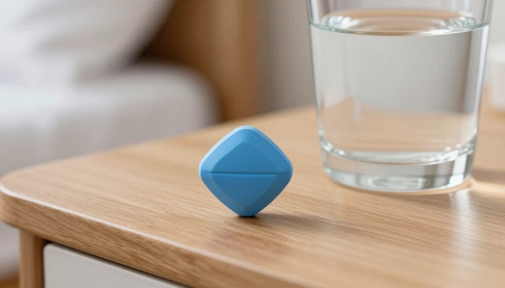 A high-quality pharmaceutical photography of a blue diamond-shaped pill next to a glass of water on a wooden bedside table, soft morning lighting, professional medical aesthetic. A high-quality pharmaceutical photography of a blue diamond-shaped pill next to a glass of water on a wooden bedside table, soft morning lighting, professional medical aesthetic.