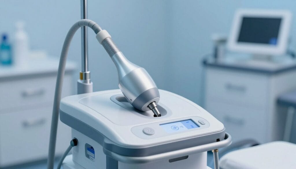 A high-quality, realistic image of a modern low-intensity shockwave therapy device in a professional clinical setting, focused on the medical applicator, soft blue lighting, 4k resolution. A high-quality, realistic image of a modern low-intensity shockwave therapy device in a professional clinical setting, focused on the medical applicator, soft blue lighting, 4k resolution.