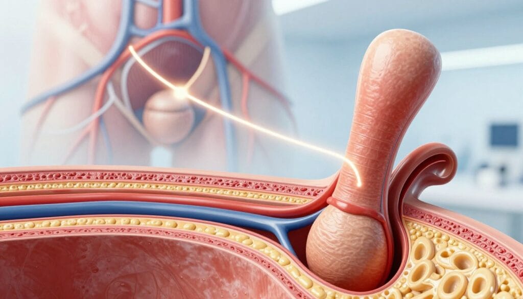 A highly detailed anatomical illustration of the biological process of erection, depicted in a scientific yet artistic style. In the foreground, a detailed cross-sectional view of the male reproductive system, highlighting blood vessels and erectile tissue, rendered in realistic colors and textures. The middle ground features a soft-focus visualization of nerve signals and blood flow, illustrated with glowing lines to indicate activity. The background contains a subtle gradient that enhances the overall mood, suggesting a clinical environment. The lighting should be bright and clear, mimicking a laboratory setting, with a slight shine on the anatomical structures to highlight their features. The image conveys a sense of professionalism and educational purpose, free of any human subjects or explicit content. A highly detailed anatomical illustration of the biological process of erection, depicted in a scientific yet artistic style. In the foreground, a detailed cross-sectional view of the male reproductive system, highlighting blood vessels and erectile tissue, rendered in realistic colors and textures. The middle ground features a soft-focus visualization of nerve signals and blood flow, illustrated with glowing lines to indicate activity. The background contains a subtle gradient that enhances the overall mood, suggesting a clinical environment. The lighting should be bright and clear, mimicking a laboratory setting, with a slight shine on the anatomical structures to highlight their features. The image conveys a sense of professionalism and educational purpose, free of any human subjects or explicit content.