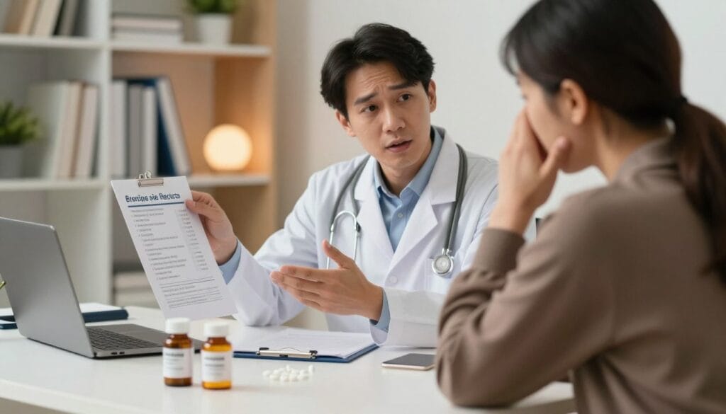 A medical consultation scene in a well-lit office, showcasing an empathetic healthcare professional, dressed in a white lab coat, discussing common side effects of erectile dysfunction medications with a concerned patient in smart casual attire. The foreground features a close-up of medication bottles with clearly labeled side effect warnings, subtly placed on the desk. In the middle, the healthcare professional is gesturing towards a visual chart displaying side effects like headaches and nausea. The background includes shelves filled with medical books and a calming plant, creating a professional yet approachable atmosphere. The lighting is soft and warm, enhancing the mood of trust and open dialogue, captured from a slightly angled perspective to create depth. A medical consultation scene in a well-lit office, showcasing an empathetic healthcare professional, dressed in a white lab coat, discussing common side effects of erectile dysfunction medications with a concerned patient in smart casual attire. The foreground features a close-up of medication bottles with clearly labeled side effect warnings, subtly placed on the desk. In the middle, the healthcare professional is gesturing towards a visual chart displaying side effects like headaches and nausea. The background includes shelves filled with medical books and a calming plant, creating a professional yet approachable atmosphere. The lighting is soft and warm, enhancing the mood of trust and open dialogue, captured from a slightly angled perspective to create depth.