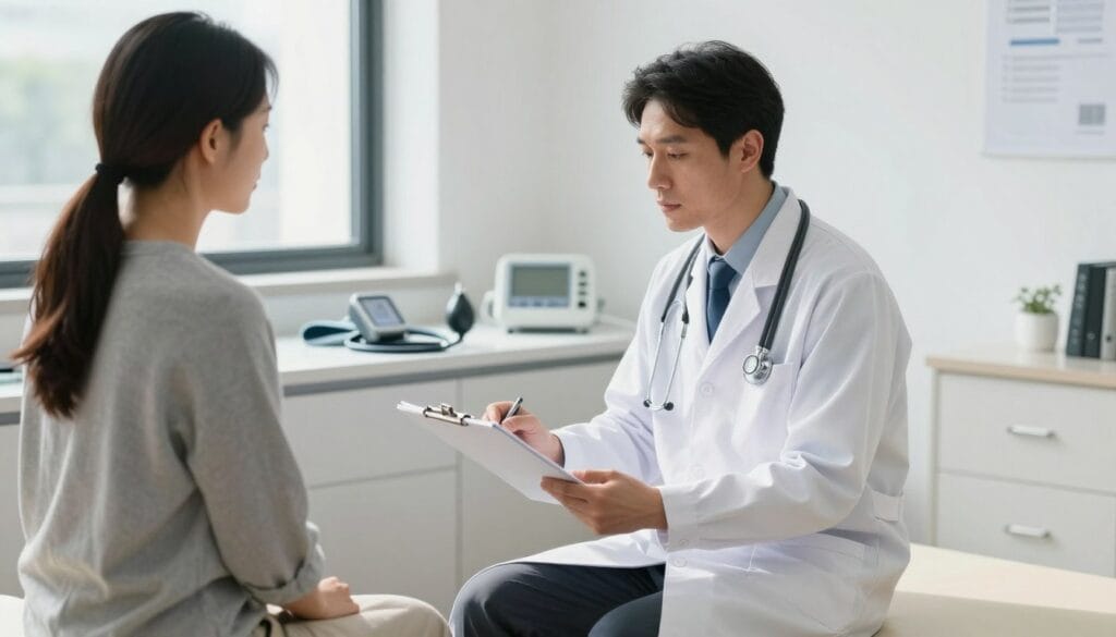 A medical professional performing a clinical assessment for diagnosing dysfunction in a modern medical office. In the foreground, a physician in a white lab coat and professional attire is examining a medical chart while attentively listening to a patient, who is seated on an examination table in a casual outfit. The room is well-lit with natural light streaming through a window, casting soft shadows. In the middle background, medical equipment like a stethoscope and blood pressure monitor is neatly arranged on a nearby countertop. The overall atmosphere is calm and welcoming, conveying trust and professionalism, ideal for a first consultation. The focus is sharp, emphasizing the interaction between the doctor and patient, capturing the seriousness yet supportive nature of the appointment. A medical professional performing a clinical assessment for diagnosing dysfunction in a modern medical office. In the foreground, a physician in a white lab coat and professional attire is examining a medical chart while attentively listening to a patient, who is seated on an examination table in a casual outfit. The room is well-lit with natural light streaming through a window, casting soft shadows. In the middle background, medical equipment like a stethoscope and blood pressure monitor is neatly arranged on a nearby countertop. The overall atmosphere is calm and welcoming, conveying trust and professionalism, ideal for a first consultation. The focus is sharp, emphasizing the interaction between the doctor and patient, capturing the seriousness yet supportive nature of the appointment.