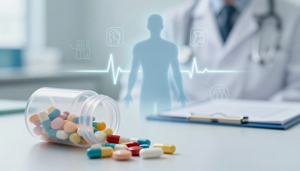 A medical-themed illustration depicting the side effects and risks associated with erectile dysfunction medications. In the foreground, feature a detailed, semi-transparent pill bottle with various colorful pills spilling out, symbolizing different medication types. In the middle ground, place a visual representation of a human silhouette or a heart rhythm line to convey health concerns, surrounded by subtle icons representing common side effects like headaches and dizziness. In the background, use a softly blurred clinical environment, such as a doctor's office with medical charts and instruments, to establish a professional atmosphere. Utilize soft, diffused lighting to create a calm yet cautionary mood, with a slight focus on the foreground elements to draw attention. The overall composition should be clinical and informative, without any text or specific human figures. A medical-themed illustration depicting the side effects and risks associated with erectile dysfunction medications. In the foreground, feature a detailed, semi-transparent pill bottle with various colorful pills spilling out, symbolizing different medication types. In the middle ground, place a visual representation of a human silhouette or a heart rhythm line to convey health concerns, surrounded by subtle icons representing common side effects like headaches and dizziness. In the background, use a softly blurred clinical environment, such as a doctor's office with medical charts and instruments, to establish a professional atmosphere. Utilize soft, diffused lighting to create a calm yet cautionary mood, with a slight focus on the foreground elements to draw attention. The overall composition should be clinical and informative, without any text or specific human figures.