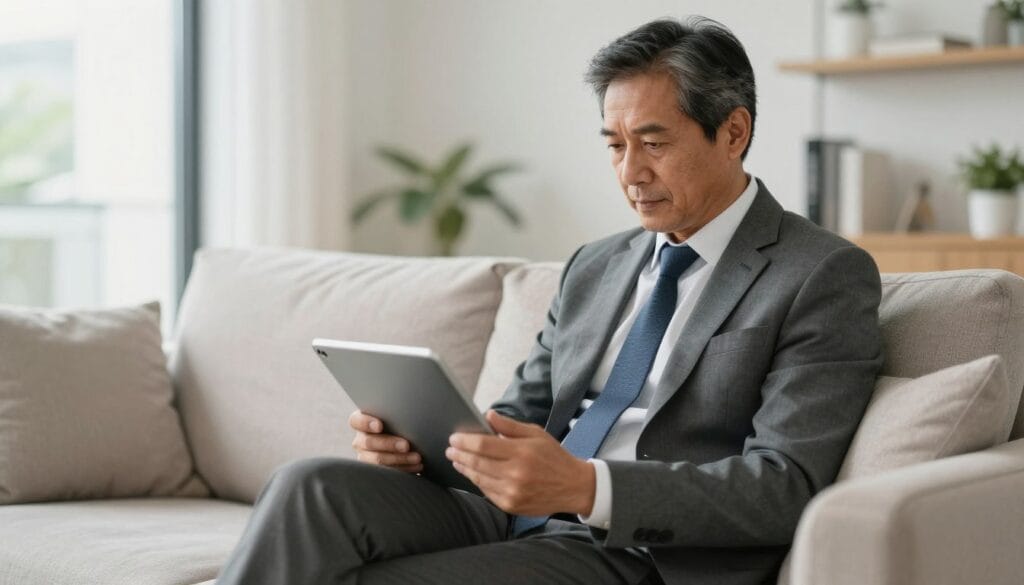 A middle-aged man sitting comfortably on a sofa, using a tablet to search for local medical services, bright living room, natural light, focused expression. A middle-aged man sitting comfortably on a sofa, using a tablet to search for local medical services, bright living room, natural light, focused expression.