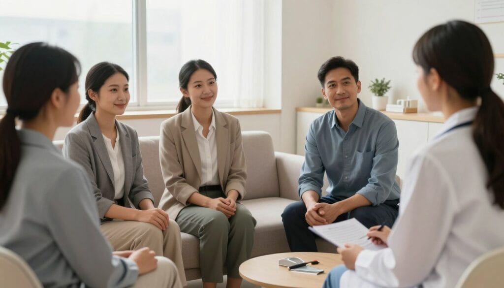 A modern clinic interior dedicated to male sexual health treatment, showcasing a serene and professional atmosphere. In the foreground, a diverse group of couples engaged in a supportive discussion with a therapist, all dressed in business attire, emphasizing trust and confidentiality. The middle ground features a consultation room with calming colors, a comfortable sofa, and subtle decor that reflects a focus on mental and emotional well-being. In the background, soft, diffused natural light streams through large windows, enhancing the warm and welcoming environment. The mood is compassionate and hopeful, inviting viewers to feel a sense of comfort and openness about specialized sexual health care. The image should be taken at eye level to convey intimacy and connection without any text or overlays present. A modern clinic interior dedicated to male sexual health treatment, showcasing a serene and professional atmosphere. In the foreground, a diverse group of couples engaged in a supportive discussion with a therapist, all dressed in business attire, emphasizing trust and confidentiality. The middle ground features a consultation room with calming colors, a comfortable sofa, and subtle decor that reflects a focus on mental and emotional well-being. In the background, soft, diffused natural light streams through large windows, enhancing the warm and welcoming environment. The mood is compassionate and hopeful, inviting viewers to feel a sense of comfort and openness about specialized sexual health care. The image should be taken at eye level to convey intimacy and connection without any text or overlays present.