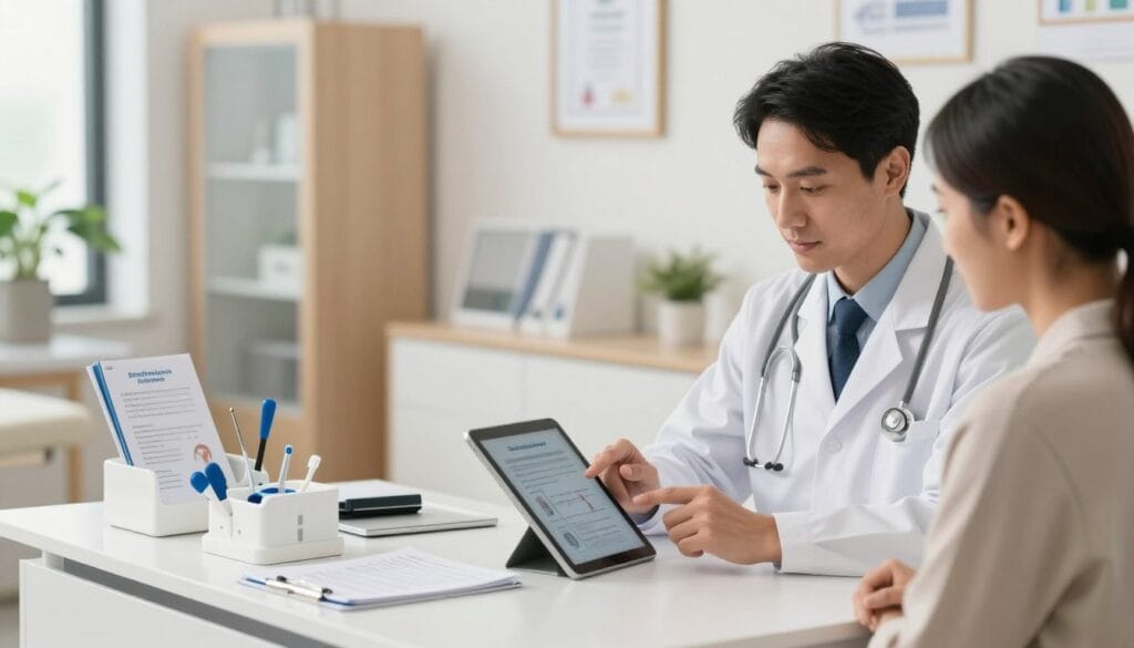 A modern healthcare setting showcasing innovative treatments for erectile dysfunction. In the foreground, a professional medical practitioner, dressed in a crisp white lab coat and smart business attire, is discussing a digital tablet with a diverse male patient, who appears engaged and attentive. In the middle ground, sleek medical instruments and consultation tools are arranged on a stylish desk, alongside brochures detailing modern treatments. The background features a well-lit, contemporary clinic with calming colors, framed medical certificates, and soft-focus plants for a serene atmosphere. Soft, natural lighting illuminates the scene, creating a reassuring and professional mood, while a shallow depth of field emphasizes the interaction between the medical expert and the patient. A modern healthcare setting showcasing innovative treatments for erectile dysfunction. In the foreground, a professional medical practitioner, dressed in a crisp white lab coat and smart business attire, is discussing a digital tablet with a diverse male patient, who appears engaged and attentive. In the middle ground, sleek medical instruments and consultation tools are arranged on a stylish desk, alongside brochures detailing modern treatments. The background features a well-lit, contemporary clinic with calming colors, framed medical certificates, and soft-focus plants for a serene atmosphere. Soft, natural lighting illuminates the scene, creating a reassuring and professional mood, while a shallow depth of field emphasizes the interaction between the medical expert and the patient.