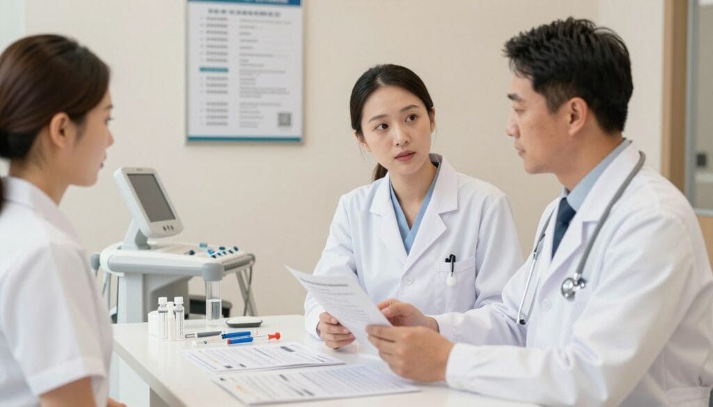 A modern urology clinic interior, focusing on medical equipment and protocols for safe penile enhancement injections. In the foreground, a confident male urologist in a white lab coat, with a stethoscope around his neck, is discussing safety protocols with a professional female nurse, both looking attentive and engaged. The middle ground features a table with neatly organized medical tools, syringes, and informative brochures about the procedures, all lit by soft, natural lighting. In the background, a medical chart detailing safety protocols is subtly displayed on the wall, emphasizing professionalism and care. The atmosphere is calm and reassuring, suggesting trust and expertise in medical practice, with warm tones contributing to a sense of safety and professionalism. A modern urology clinic interior, focusing on medical equipment and protocols for safe penile enhancement injections. In the foreground, a confident male urologist in a white lab coat, with a stethoscope around his neck, is discussing safety protocols with a professional female nurse, both looking attentive and engaged. The middle ground features a table with neatly organized medical tools, syringes, and informative brochures about the procedures, all lit by soft, natural lighting. In the background, a medical chart detailing safety protocols is subtly displayed on the wall, emphasizing professionalism and care. The atmosphere is calm and reassuring, suggesting trust and expertise in medical practice, with warm tones contributing to a sense of safety and professionalism.