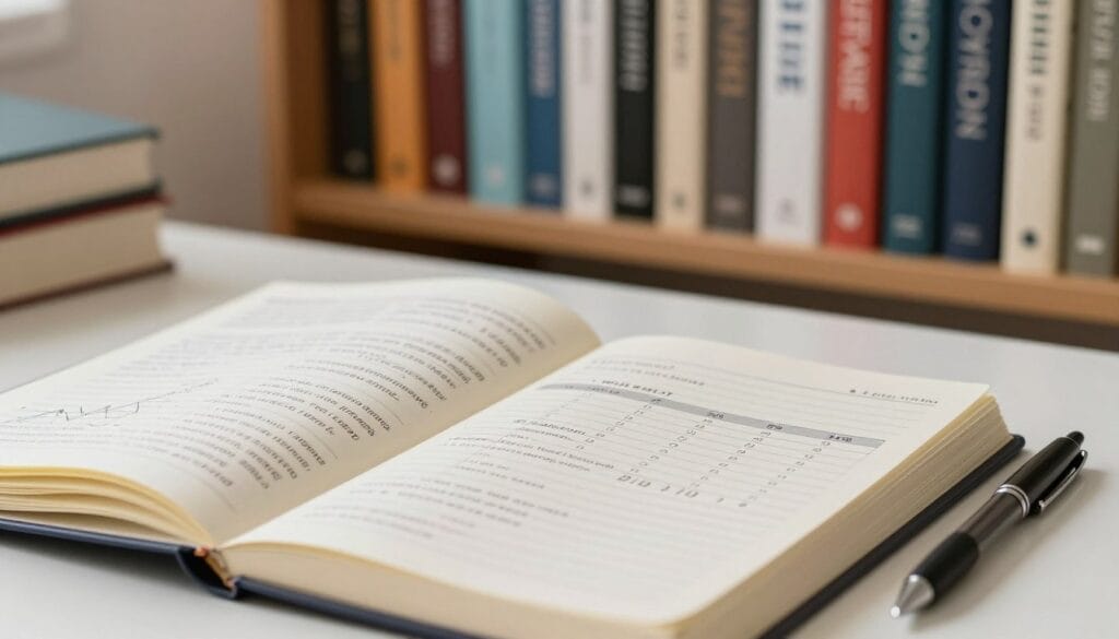 A professional and focused workspace showing a close-up view of a journal or notebook opened to a page filled with detailed notes and progress charts tracking a study case. The foreground features a neatly organized writing desk with a pen beside the journal, emphasizing meticulous record-keeping. In the middle, soft lighting highlights the pages, revealing graphs and tables representing measured results related to the study. The background includes a shelf lined with health and wellness books, creating an academic atmosphere. The overall mood is one of serious research and dedication, with warm, inviting tones that suggest professionalism and encouragement. The focus is entirely on the study materials, with no human subjects present. A professional and focused workspace showing a close-up view of a journal or notebook opened to a page filled with detailed notes and progress charts tracking a study case. The foreground features a neatly organized writing desk with a pen beside the journal, emphasizing meticulous record-keeping. In the middle, soft lighting highlights the pages, revealing graphs and tables representing measured results related to the study. The background includes a shelf lined with health and wellness books, creating an academic atmosphere. The overall mood is one of serious research and dedication, with warm, inviting tones that suggest professionalism and encouragement. The focus is entirely on the study materials, with no human subjects present.