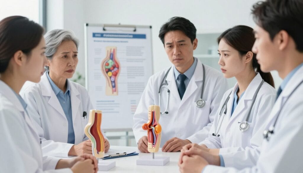 A professional and informative illustration depicting the risks and complications associated with penile enlargement procedures. In the foreground, showcase a diverse group of healthcare professionals in lab coats, engaged in a serious discussion, using anatomical models and diagrams to illustrate potential complications, like scarring or infection. In the middle ground, include a detailed visual representation of a medical chart highlighting statistics related to patient experiences and risks. The background should feature a clinical setting with soft white lighting to convey a sterile and professional atmosphere. The lens should focus on the expressions of concern and deliberation on the professionals' faces, creating a mood of caution and seriousness about the subject matter.