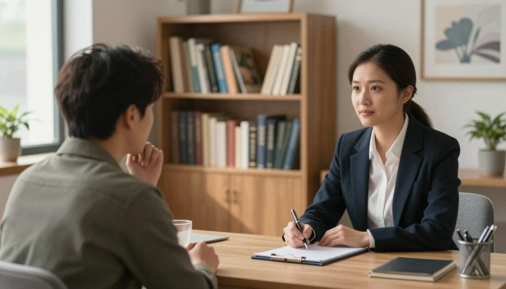 A professional and welcoming office environment with a calm atmosphere. In the foreground, a thoughtful therapist sits at a desk with a notepad and a pen, wearing smart business attire, engaged in conversation with a male client. The client appears attentive and contemplative, dressed in modest casual clothing. In the middle ground, a large bookshelf filled with psychology-related books creates a sense of depth and knowledge surrounding the conversation. Soft, warm lighting emanates from a window, casting gentle shadows to enhance the mood of introspection and professionalism. In the background, tasteful artwork and plants add to the serene ambiance, reflecting a safe space for discussing psychological and physical aspects related to early ejaculation. Overall, the image should convey a sense of support, understanding, and confidentiality. A professional and welcoming office environment with a calm atmosphere. In the foreground, a thoughtful therapist sits at a desk with a notepad and a pen, wearing smart business attire, engaged in conversation with a male client. The client appears attentive and contemplative, dressed in modest casual clothing. In the middle ground, a large bookshelf filled with psychology-related books creates a sense of depth and knowledge surrounding the conversation. Soft, warm lighting emanates from a window, casting gentle shadows to enhance the mood of introspection and professionalism. In the background, tasteful artwork and plants add to the serene ambiance, reflecting a safe space for discussing psychological and physical aspects related to early ejaculation. Overall, the image should convey a sense of support, understanding, and confidentiality.