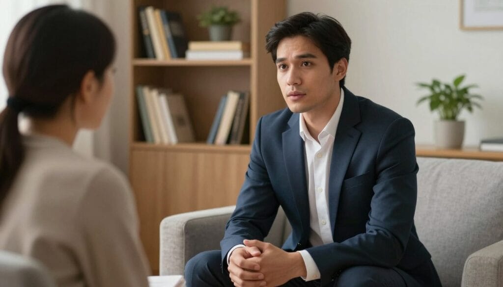 A professional male therapist in a modern, calming office setting, discussing treatment options for premature ejaculation with a client. The therapist, dressed in a smart business suit, sits attentively across from the client, who is in modest casual clothing, looking engaged and hopeful. In the background, shelves filled with health books and a potted plant create a serene atmosphere. Soft, warm lighting illuminates the scene, emphasizing a sense of trust and professionalism. A close-up perspective captures the facial expressions of the individuals, conveying empathy and understanding. The overall mood is supportive and encouraging, fitting for a discussion on solutions and remedies. A professional male therapist in a modern, calming office setting, discussing treatment options for premature ejaculation with a client. The therapist, dressed in a smart business suit, sits attentively across from the client, who is in modest casual clothing, looking engaged and hopeful. In the background, shelves filled with health books and a potted plant create a serene atmosphere. Soft, warm lighting illuminates the scene, emphasizing a sense of trust and professionalism. A close-up perspective captures the facial expressions of the individuals, conveying empathy and understanding. The overall mood is supportive and encouraging, fitting for a discussion on solutions and remedies.