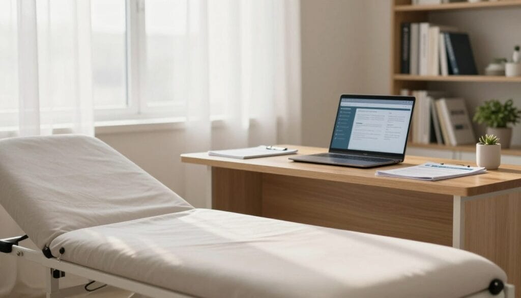 A professional medical consultation room, designed for discretion, featuring a comfortable examination table in the foreground with soft, neutral-colored linens. In the middle, a modern wooden desk holds medical pamphlets and a laptop displaying health-related information. A window with sheer curtains allows soft, warm natural light to fill the room, creating an inviting atmosphere. In the background, a bookshelf is filled with medical books, and a small plant adds a touch of greenery. The overall mood is calm and reassuring, suitable for discussing sensitive health topics. The scene is depicted with a shallow depth of field, focusing on the examination area. The lighting is bright yet soft, emphasizing a professional environment while ensuring a sense of privacy and comfort. A professional medical consultation room, designed for discretion, featuring a comfortable examination table in the foreground with soft, neutral-colored linens. In the middle, a modern wooden desk holds medical pamphlets and a laptop displaying health-related information. A window with sheer curtains allows soft, warm natural light to fill the room, creating an inviting atmosphere. In the background, a bookshelf is filled with medical books, and a small plant adds a touch of greenery. The overall mood is calm and reassuring, suitable for discussing sensitive health topics. The scene is depicted with a shallow depth of field, focusing on the examination area. The lighting is bright yet soft, emphasizing a professional environment while ensuring a sense of privacy and comfort.