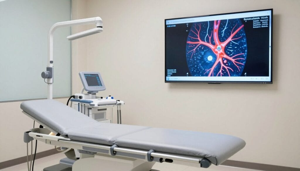 A professional medical consultation room featuring advanced urological equipment, a digital screen showing a vascular diagram, and a friendly atmosphere, 4k resolution. A professional medical consultation room featuring advanced urological equipment, a digital screen showing a vascular diagram, and a friendly atmosphere, 4k resolution.
