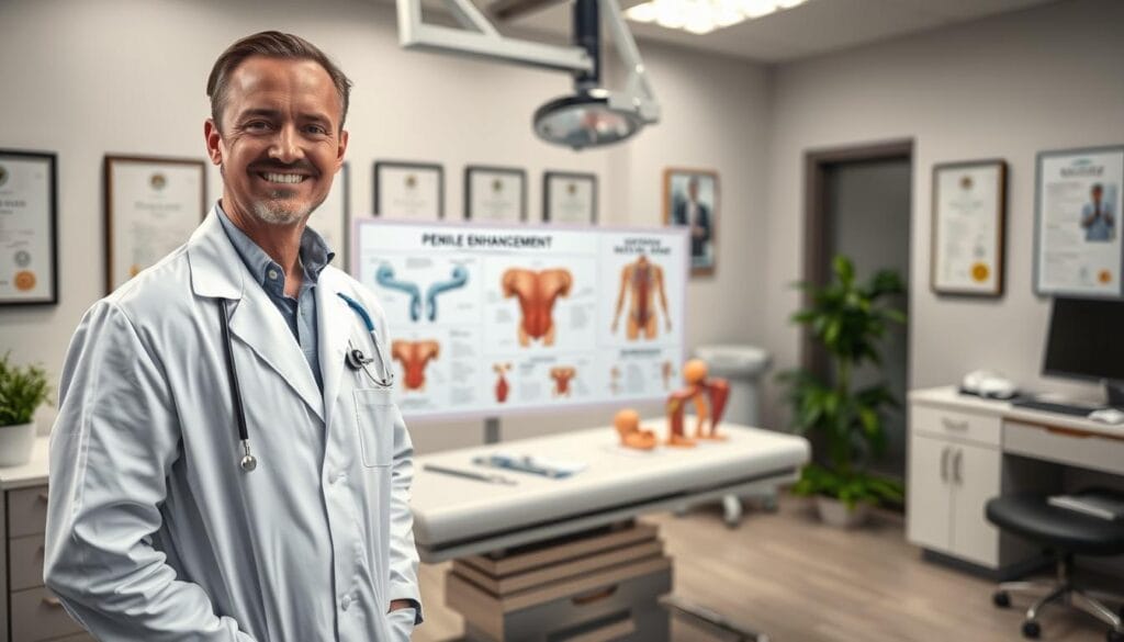 A professional medical consultation room focused on surgical procedures for penile enhancement. In the foreground, a doctor in a white lab coat, with a friendly expression, stands next to a medical chart displaying diagrams of the surgical process. In the middle, a modern examination table is equipped with sterile tools and anatomical models. The background features clean, bright lighting that creates a clinical atmosphere with certificates and medical posters on the walls. Use a depth of field to highlight the doctor and the medical chart, while subtly blurring the background for focus. The overall mood should be informative and reassuring, conveying professionalism and trust in a healthcare setting.