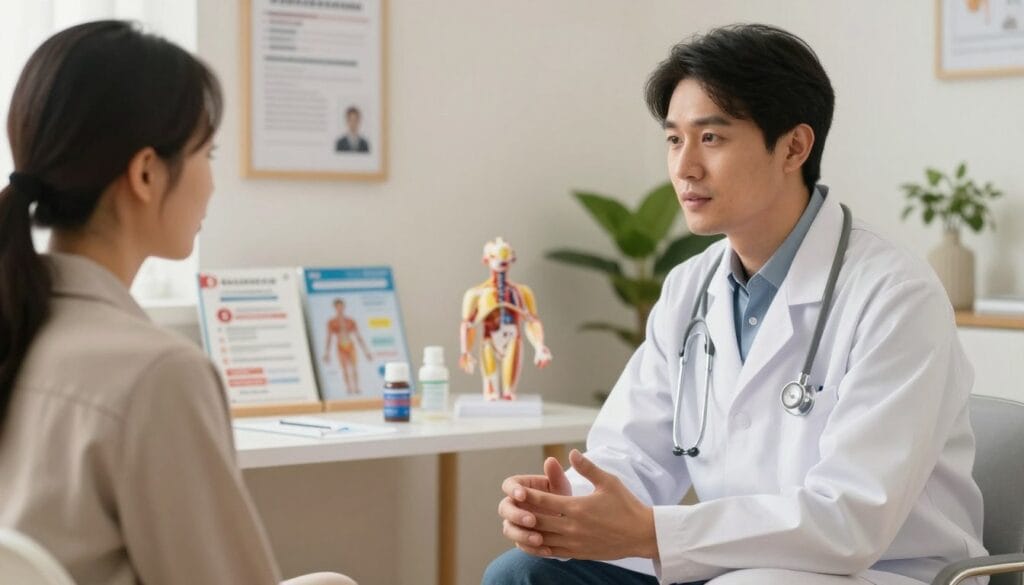 A professional medical consultation scene focused on sexual health guidance. In the foreground, a physician in a white lab coat, with a stethoscope, is attentively discussing health concerns with a patient, who is dressed in modest casual attire. The physician's expression is empathetic and engaged, reflecting a supportive atmosphere. The middle ground includes a consultation room equipped with medical charts, anatomical models, and health brochures neatly organized on a desk. In the background, soft, warm lighting creates an inviting environment, with a plant in the corner for a touch of calm. The overall mood is professional yet approachable, emphasizing the importance of medical advice in making informed decisions about health products. The image is framed in a slightly angled view to capture both the interaction and the room's details. A professional medical consultation scene focused on sexual health guidance. In the foreground, a physician in a white lab coat, with a stethoscope, is attentively discussing health concerns with a patient, who is dressed in modest casual attire. The physician's expression is empathetic and engaged, reflecting a supportive atmosphere. The middle ground includes a consultation room equipped with medical charts, anatomical models, and health brochures neatly organized on a desk. In the background, soft, warm lighting creates an inviting environment, with a plant in the corner for a touch of calm. The overall mood is professional yet approachable, emphasizing the importance of medical advice in making informed decisions about health products. The image is framed in a slightly angled view to capture both the interaction and the room's details.