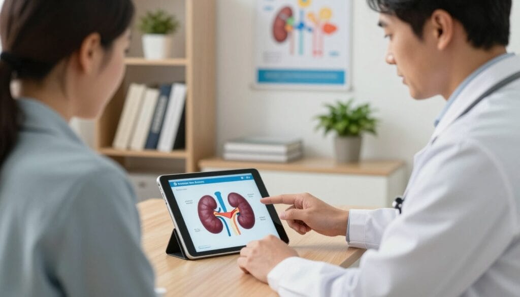 A professional medical setting featuring a male doctor in a white coat, discussing renal health with a patient in modest casual attire. The foreground shows a close-up of a renal diagram on a digital tablet, highlighting kidney function. In the middle ground, the doctor points to the diagram while explaining the connection between chronic kidney disease and sexual health issues. The background has shelves with medical books, health posters, and a potted plant, creating a calm atmosphere. Soft, warm lighting illuminates the scene, enhancing the sense of professionalism and care. The angle is slightly elevated, capturing the interaction and the emphasis on the educational aspect of the discussion. A professional medical setting featuring a male doctor in a white coat, discussing renal health with a patient in modest casual attire. The foreground shows a close-up of a renal diagram on a digital tablet, highlighting kidney function. In the middle ground, the doctor points to the diagram while explaining the connection between chronic kidney disease and sexual health issues. The background has shelves with medical books, health posters, and a potted plant, creating a calm atmosphere. Soft, warm lighting illuminates the scene, enhancing the sense of professionalism and care. The angle is slightly elevated, capturing the interaction and the emphasis on the educational aspect of the discussion.