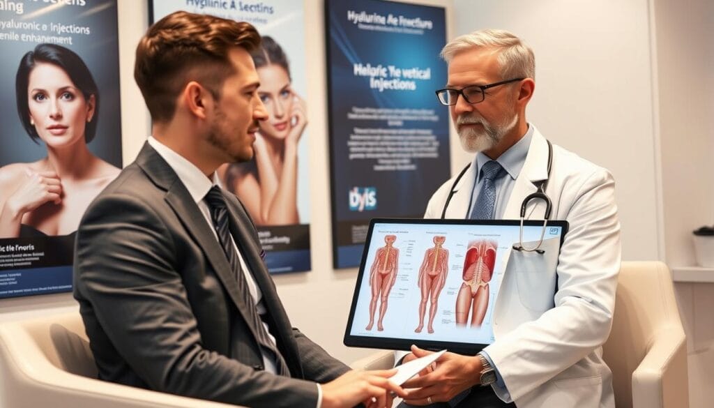 A professional medical setting showcasing a consultation between a doctor and a patient, both dressed in smart business attire. The background features a modern clinic with medical posters related to aesthetic procedures. The doctor is explaining the procedure of hyaluronic acid injections for penile enhancement, using detailed anatomical diagrams on a screen. The lighting is bright and clinical, highlighting the seriousness and professionalism of the consultation. The focus is on the interaction between the doctor and the patient, conveying a mood of trust and expertise. The camera angle captures both figures from a slight above viewpoint, emphasizing the informative nature of the discussion.