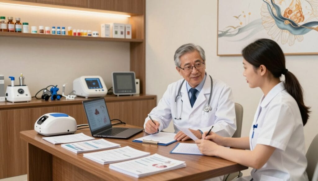 A professional, modern clinic interior showcasing both traditional and innovative treatment methods for erectile dysfunction. In the foreground, a consultation room with a sleek, polished wooden desk cluttered with informational brochures and a laptop displaying medical diagrams. Two healthcare professionals in professional attire—one an older male doctor with glasses, and a younger female nurse—are engaged in a discussion, reviewing patient charts. In the middle ground, a well-organized shelf holds a mix of traditional medications and modern treatment devices like vacuum pumps and injection systems. The background features a calming wall with abstract healing art, and soft, ambient lighting highlights the space, creating a professional and hopeful atmosphere. The scene captures a blend of trust and innovation to reflect advancements in treatment options. A professional, modern clinic interior showcasing both traditional and innovative treatment methods for erectile dysfunction. In the foreground, a consultation room with a sleek, polished wooden desk cluttered with informational brochures and a laptop displaying medical diagrams. Two healthcare professionals in professional attire—one an older male doctor with glasses, and a younger female nurse—are engaged in a discussion, reviewing patient charts. In the middle ground, a well-organized shelf holds a mix of traditional medications and modern treatment devices like vacuum pumps and injection systems. The background features a calming wall with abstract healing art, and soft, ambient lighting highlights the space, creating a professional and hopeful atmosphere. The scene captures a blend of trust and innovation to reflect advancements in treatment options.