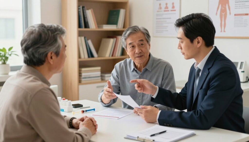 A professional setting depicting a clinic room specializing in hormone replacement therapy. In the foreground, a healthcare professional, dressed in business attire, is attentively explaining a testosterone treatment plan to a middle-aged male patient, who is dressed in a modest casual outfit. The middle of the image features a consultation table with medical devices, syringes, and informational brochures about testosterone therapy laid out neatly. The background showcases shelves filled with medical books and wellness posters related to hormonal health. Soft, warm lighting enhances the atmosphere, creating a welcoming and informative environment. The angle is slightly elevated, allowing for a comprehensive view of the interaction while maintaining a professional and respectful ambiance. A professional setting depicting a clinic room specializing in hormone replacement therapy. In the foreground, a healthcare professional, dressed in business attire, is attentively explaining a testosterone treatment plan to a middle-aged male patient, who is dressed in a modest casual outfit. The middle of the image features a consultation table with medical devices, syringes, and informational brochures about testosterone therapy laid out neatly. The background showcases shelves filled with medical books and wellness posters related to hormonal health. Soft, warm lighting enhances the atmosphere, creating a welcoming and informative environment. The angle is slightly elevated, allowing for a comprehensive view of the interaction while maintaining a professional and respectful ambiance.